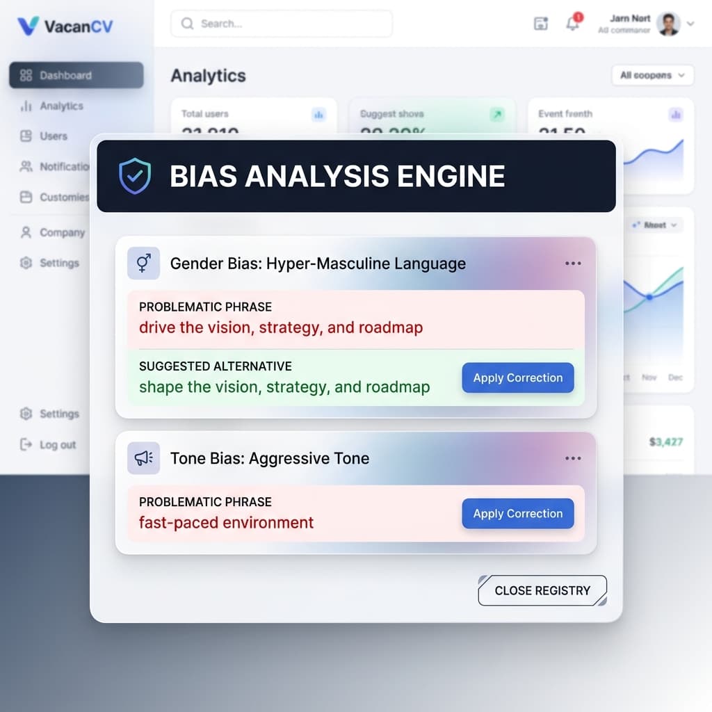 VacanCV AI Bias Analysis Engine Interface showing inclusive suggestions