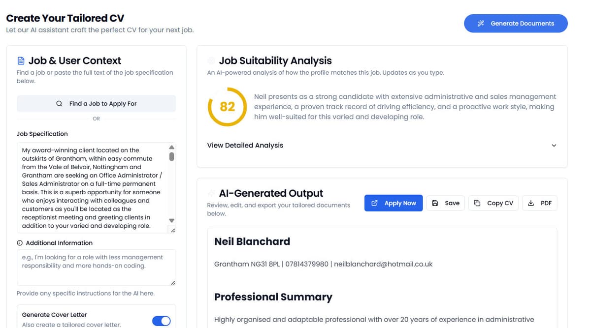 AI CV Builder generating a document.