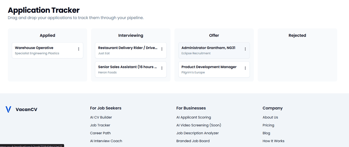 Kanban board showing job application stages.