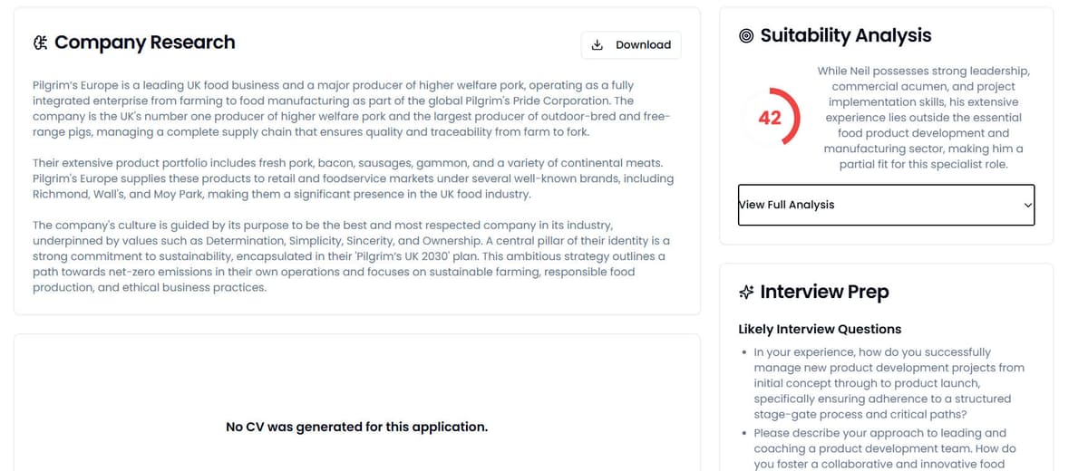 An interview preparation screen showing company research and generated questions.
