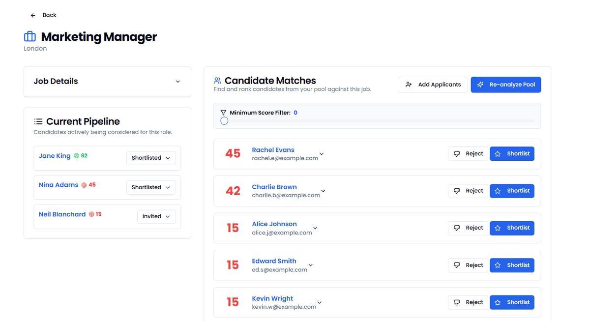 A screenshot showing the AI match being run and candidates being ranked.