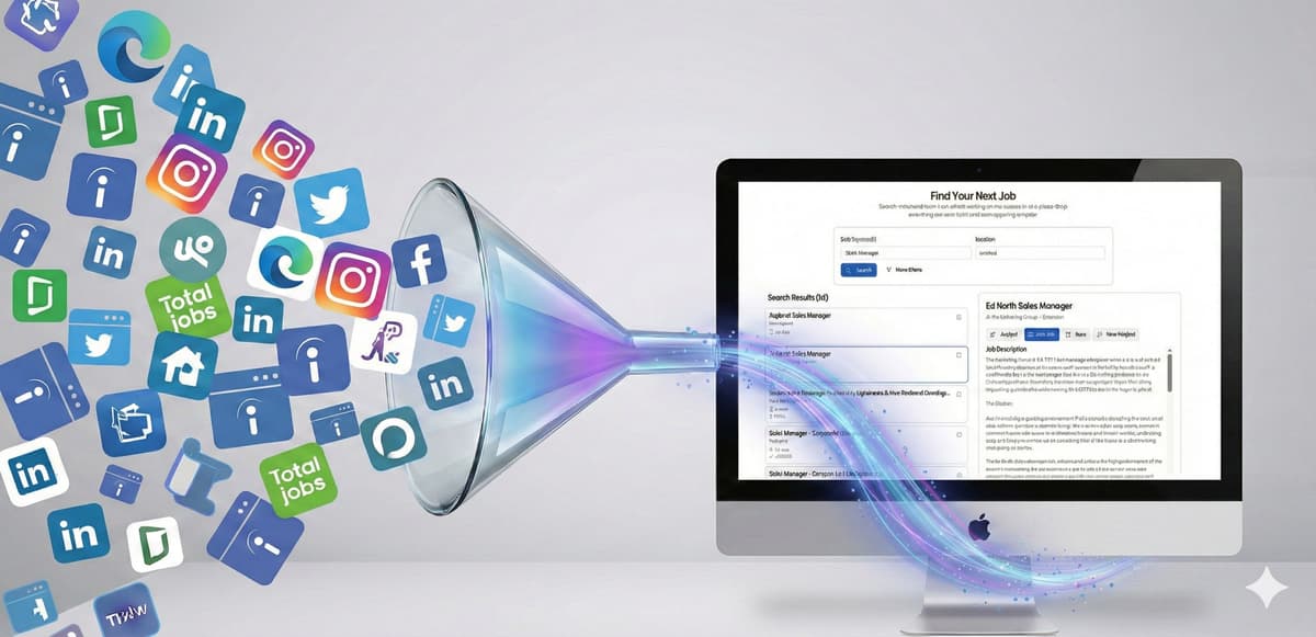 A unified job search interface showing jobs from multiple sources.