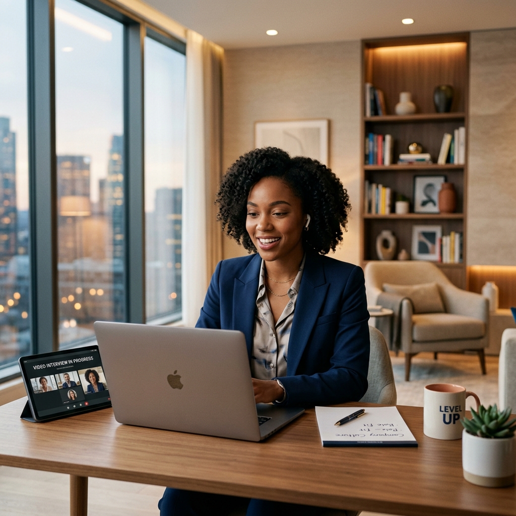 Smiling job seeker successfully practicing interview skills